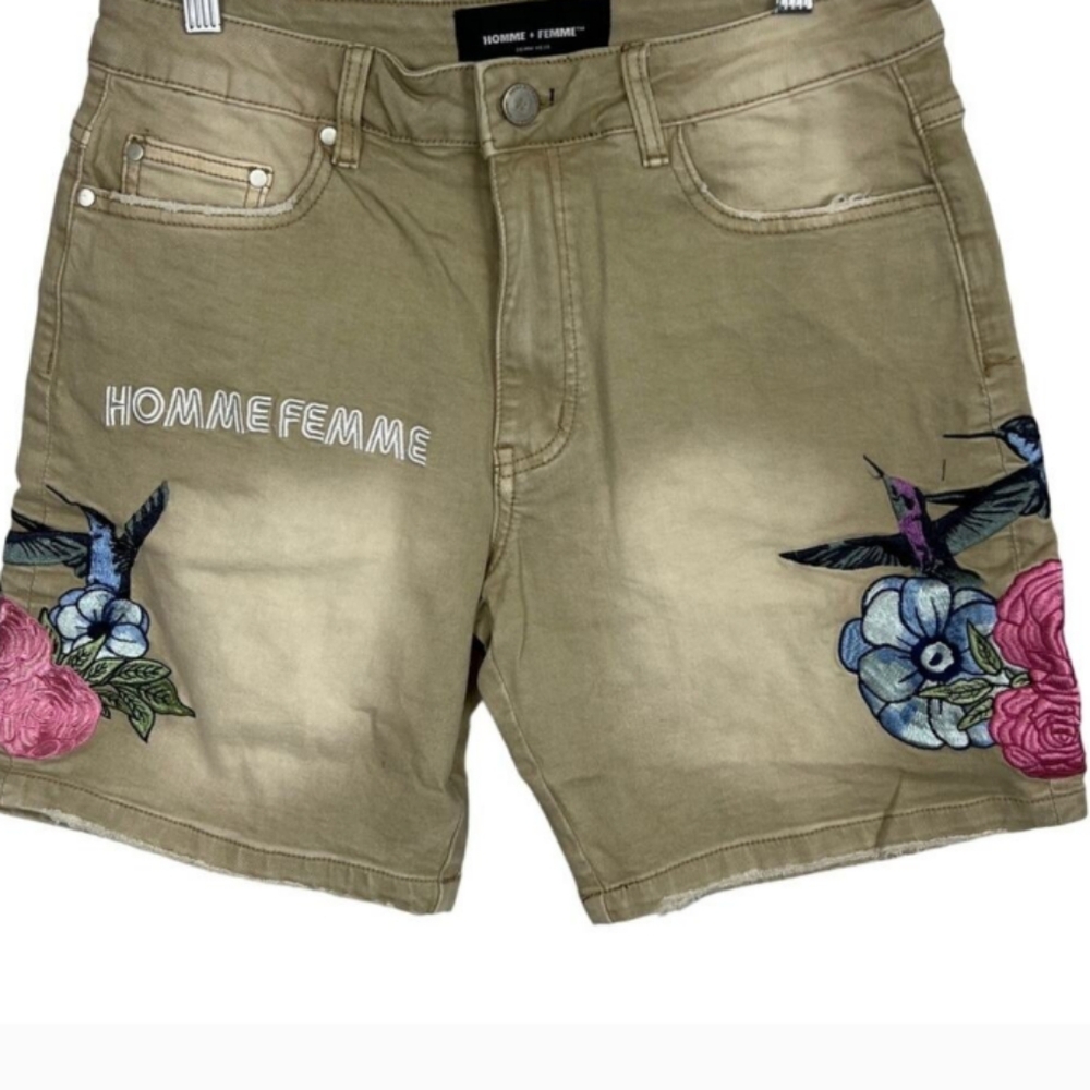 🆕 HOMME + FEMME 🔥 DENIM EMBROIDERED HUMMINGBIRD FLORAL SHORTS - Picture 1 of 7